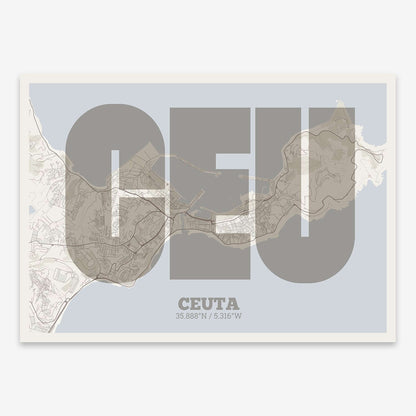 The map of Ceuta composed with letters in a heavy geometric font printed on light brown and an off-white background