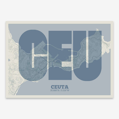 The map of Ceuta composed with letters in a heavy geometric font printed on bluish gray and an off-white background