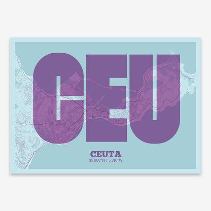 The map of Ceuta composed with letters in a heavy geometric font printed on purple and light blue