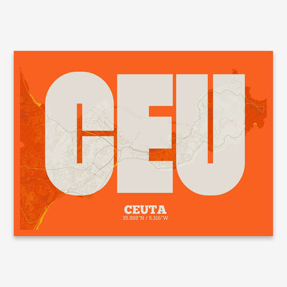 The map of Ceuta composed with letters in a heavy geometric font printed on orange and an off-white background