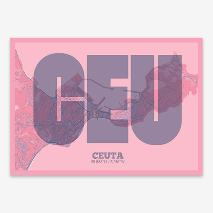 The map of Ceuta composed with letters in a heavy geometric font printed on violet y pink background