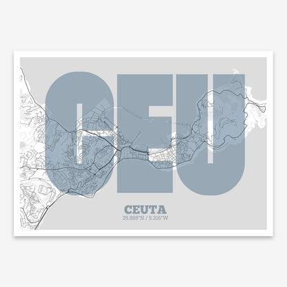 The map of Ceuta composed with letters in a heavy geometric font printed on black and white