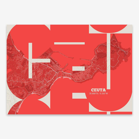 The map of Ceuta composed with letters from its name or IATA code printed on red and an off-white background