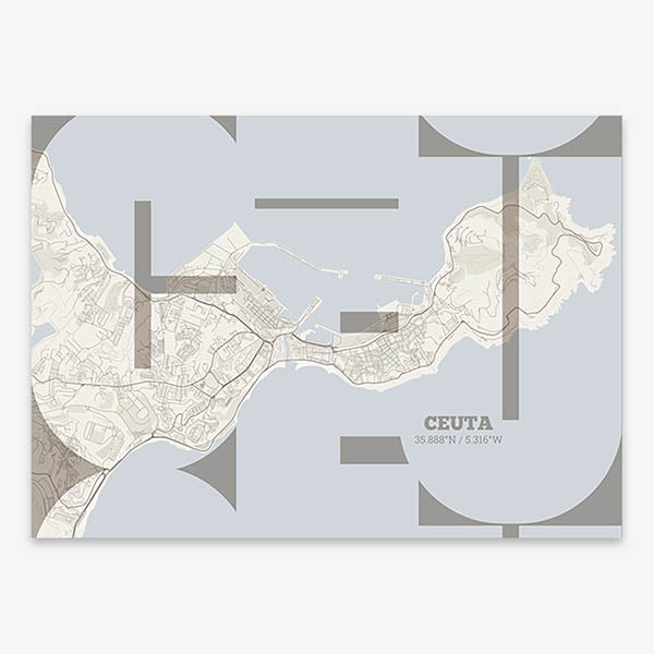 Poster of  composed with letters from its abbreviation or its airport IATA code printed on light brown and an off-white background