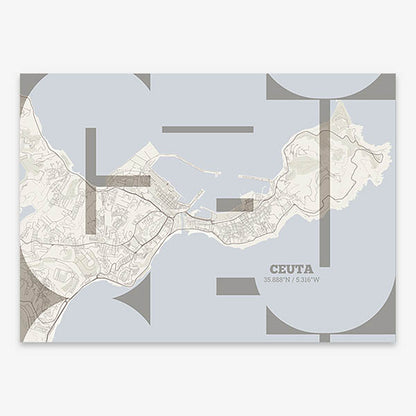 Poster of  composed with letters from its abbreviation or its airport IATA code printed on light brown and an off-white background