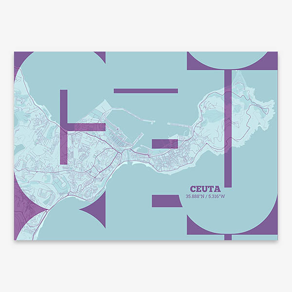 Poster of  composed with letters from its abbreviation or its airport IATA code printed on purple and light blue