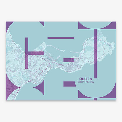 Poster of  composed with letters from its abbreviation or its airport IATA code printed on purple and light blue