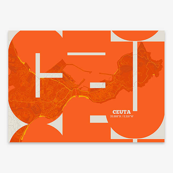 Poster of  composed with letters from its abbreviation or its airport IATA code printed on orange and an off-white background