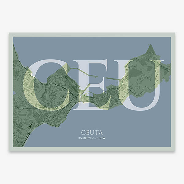 Decorative map of  composed with letters in serif font printed on two green tones