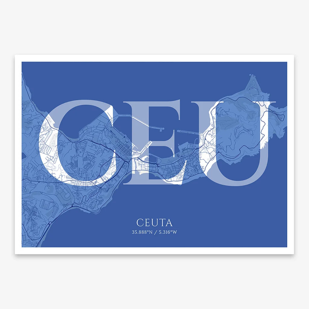 Decorative map of  composed with letters in serif font printed on navy blue and white