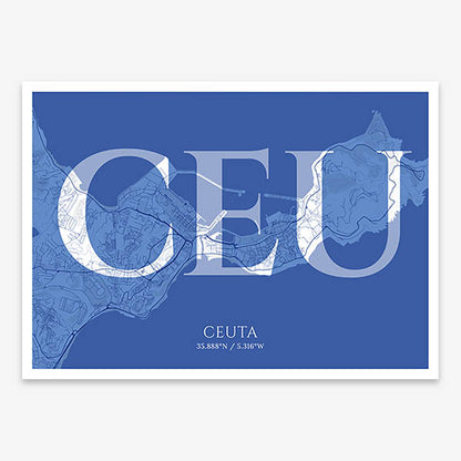 Decorative map of  composed with letters in serif font printed on navy blue and white