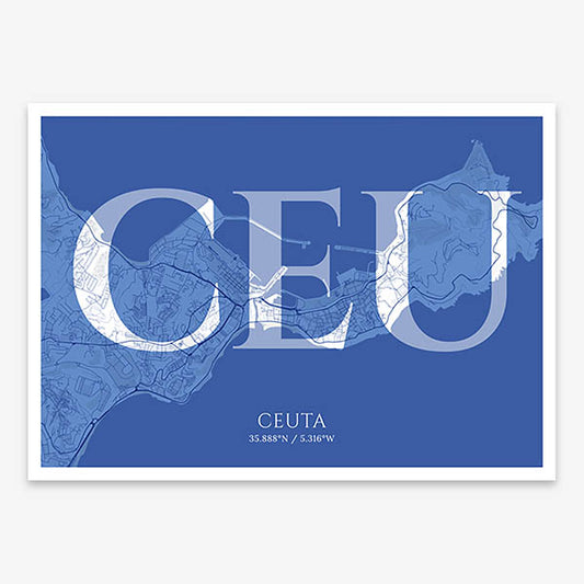 Decorative map of  composed with letters in serif font printed on navy blue and white