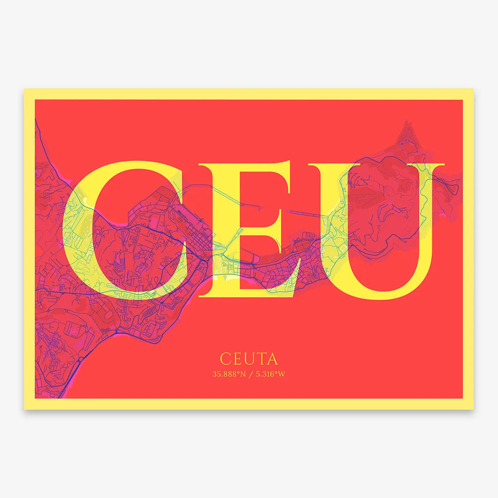 Decorative map of  composed with letters in serif font printed on yellow and fuchsia