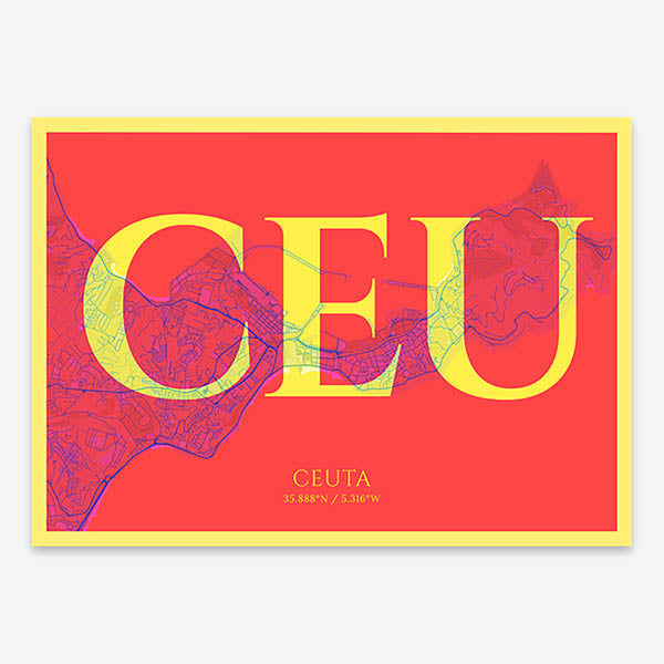 Decorative map of  composed with letters in serif font printed on yellow and fuchsia