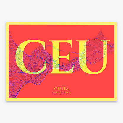 Decorative map of  composed with letters in serif font printed on yellow and fuchsia