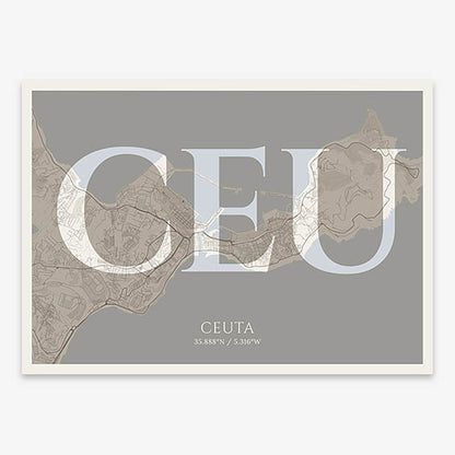 Decorative map of  composed with letters in serif font printed on light brown and an off-white background