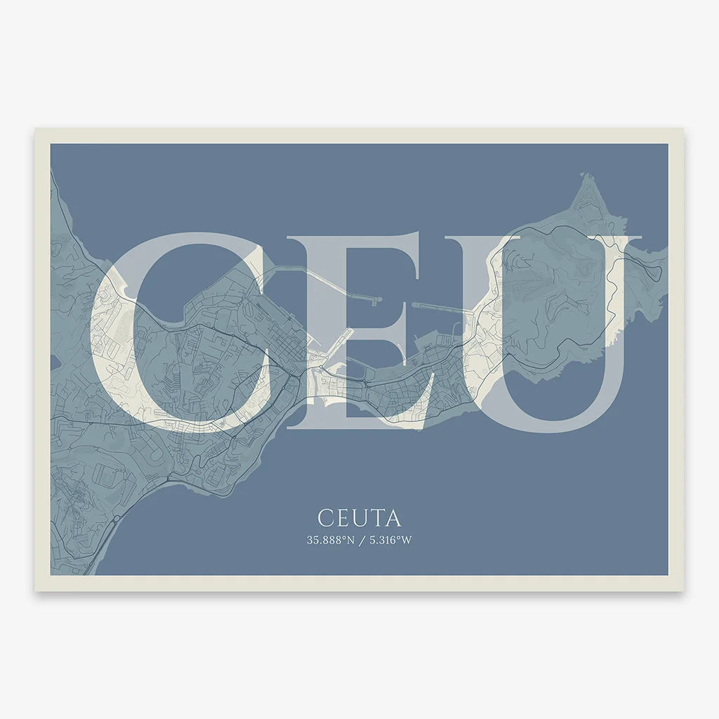 Decorative map of  composed with letters in serif font printed on bluish gray and an off-white background