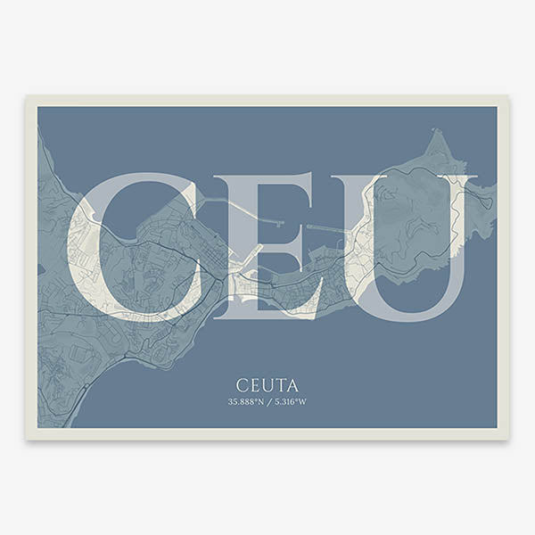 Decorative map of  composed with letters in serif font printed on bluish gray and an off-white background