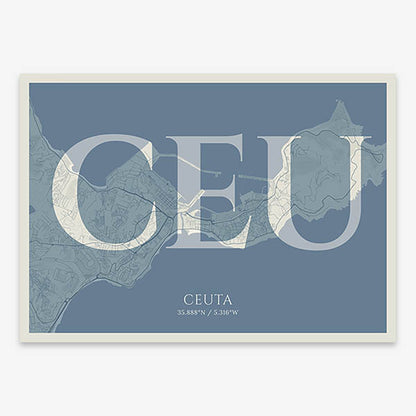Decorative map of  composed with letters in serif font printed on bluish gray and an off-white background