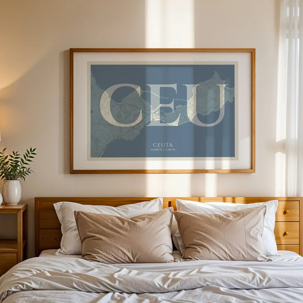 Modern interior design with a Ceuta in Classic design, inspired by chiseled typography with an elegant font that creates a beautiful visual contrast designed in bluish gray and an off-white background, displayed on a living room wall