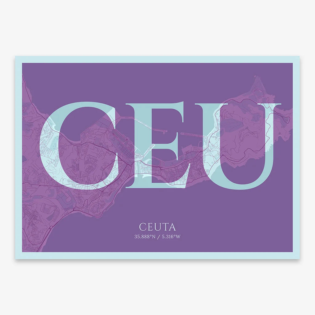 Decorative map of  composed with letters in serif font printed on purple and light blue