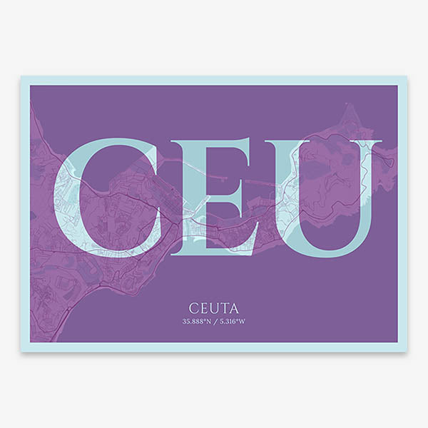 Decorative map of  composed with letters in serif font printed on purple and light blue