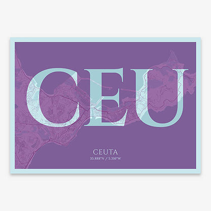 Decorative map of  composed with letters in serif font printed on purple and light blue