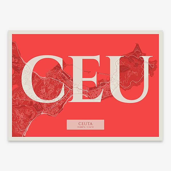 Decorative map of  composed with letters in serif font printed on red and an off-white background