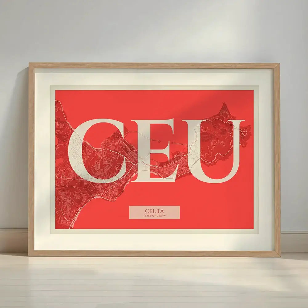 Framed Ceuta in Classic design, inspired by chiseled typography with an elegant font that creates a beautiful visual contrast designed in red and an off-white background with a white margin border in a warm lit minimalist setting