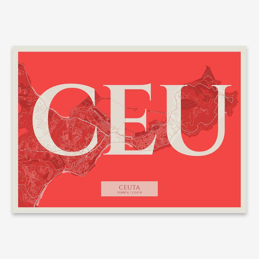 The map of Ceuta composed with letters in serif font printed on red and an off-white background