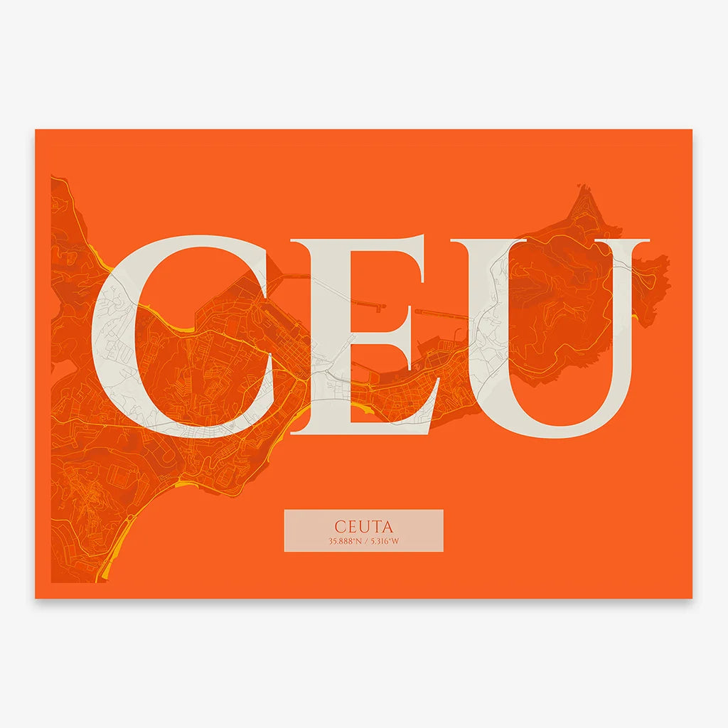 Decorative map of  composed with letters in serif font printed on orange and an off-white background