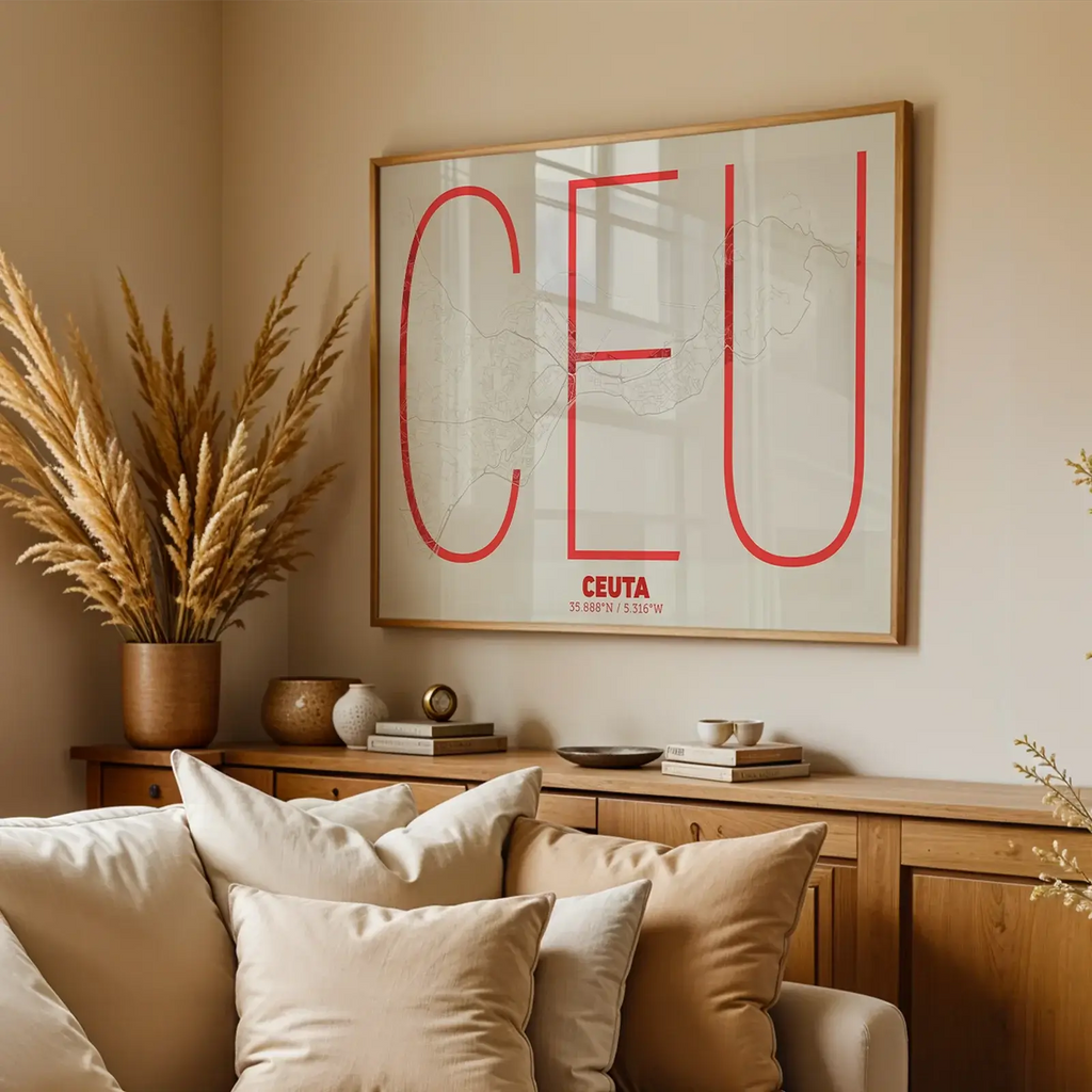 Modern interior design with a Ceuta in Ultralight design, a minimalist aesthetic combining urban cartography with modern, extra-thin elegant lettering designed in red and an off-white background, displayed on a living room wall
