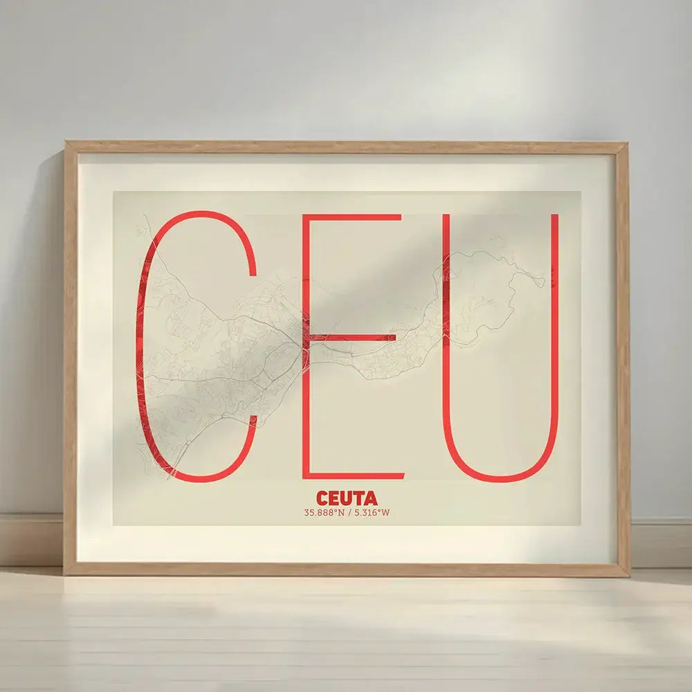 Framed Ceuta in Ultralight design, a minimalist aesthetic combining urban cartography with modern, extra-thin elegant lettering designed in red and an off-white background with a white margin border in a warm lit minimalist setting