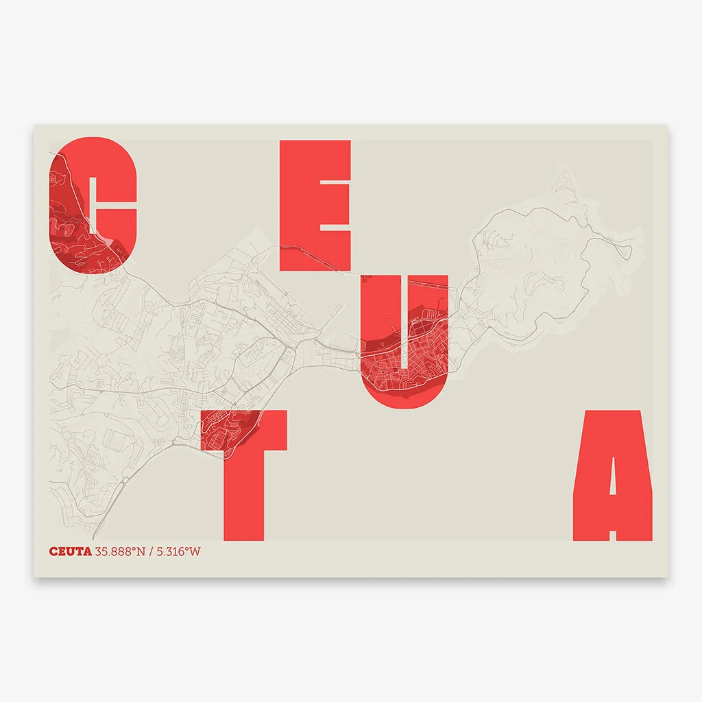 Decorative print of  with letters of its name placed randomly, designed in red and an off-white background