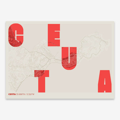 The map of Ceuta with letters of its name placed randomly, designed in red and an off-white background