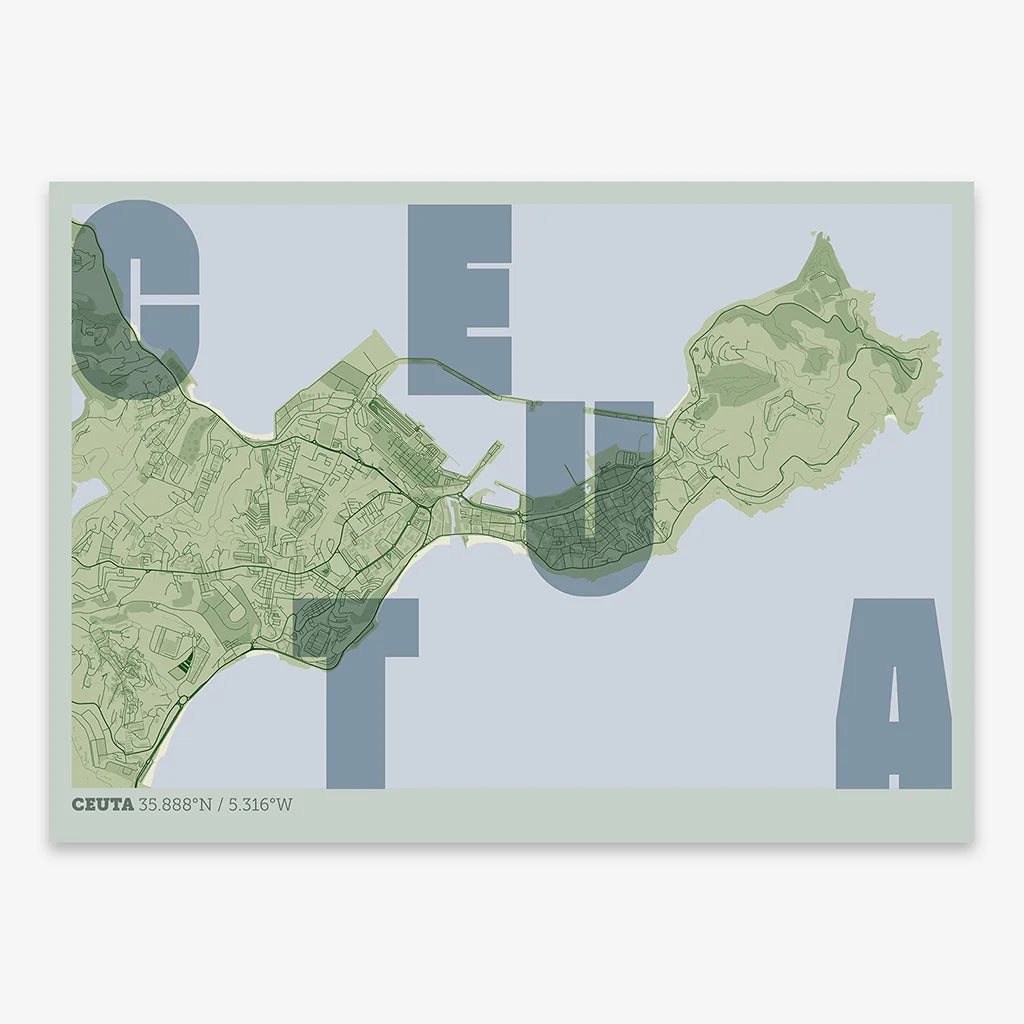 Decorative print of  with letters of its name placed randomly, designed in two green tones