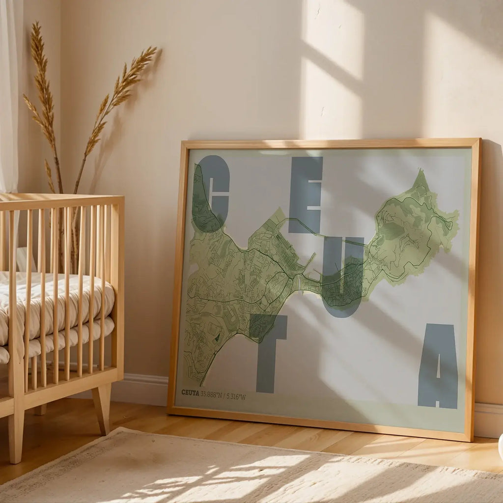 Modern interior design with a Ceuta in Unruled design, where the city name letters appear randomly across different lines for a truly original urban layout designed in two green tones, displayed on a living room wall