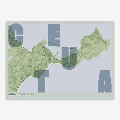 The map of Ceuta with letters of its name placed randomly, designed in two green tones
