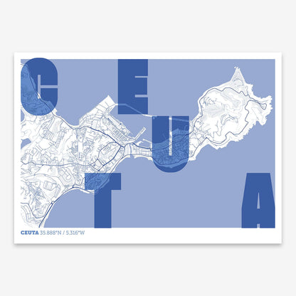 The map of Ceuta with letters of its name placed randomly, designed in navy blue and white