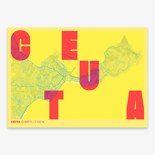 Mapa de Ceuta en el diseño la Revoltosa, donde las letras del nombre aparecen aleatoriamente en diferentes líneas para un diseño urbano realmente original diseñado en amarillo y fucsia