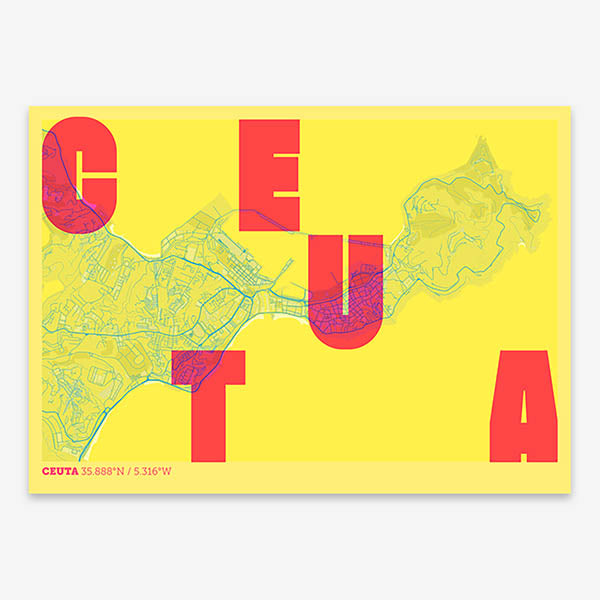 Decorative print of  with letters of its name placed randomly, designed in yellow and fuchsia