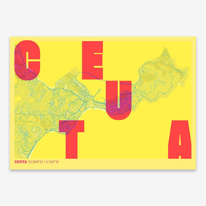 The map of Ceuta with letters of its name placed randomly, designed in yellow and fuchsia