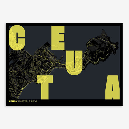 The map of Ceuta with letters of its name placed randomly, designed in black and yellow