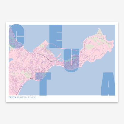 The map of Ceuta with letters of its name placed randomly, designed in pink and light blue