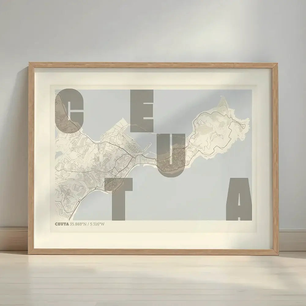 Framed Ceuta in Unruled design, where the city name letters appear randomly across different lines for a truly original urban layout designed in light brown and an off-white background with a white margin border in a warm lit minimalist setting