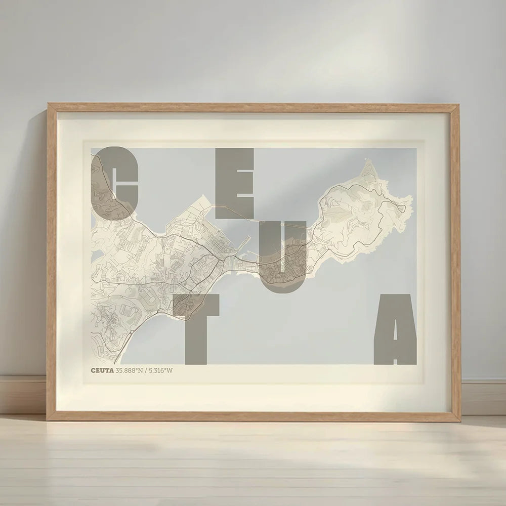 Lámina creativa de Ceuta – Diseño gráfico y tipografía sobre mapa