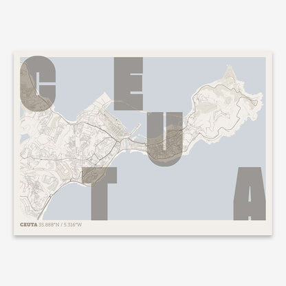 The map of Ceuta with letters of its name placed randomly, designed in light brown and an off-white background