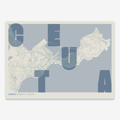 The map of Ceuta with letters of its name placed randomly, designed in bluish gray and an off-white background