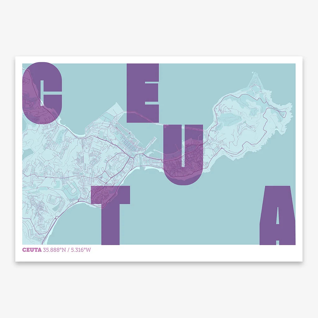 Decorative print of  with letters of its name placed randomly, designed in purple and light blue