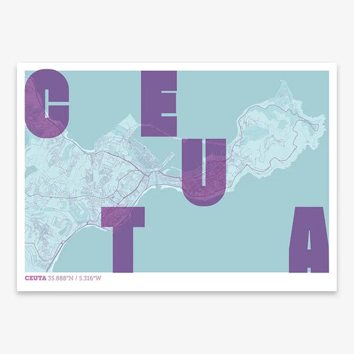 Mapa de Ceuta en el diseño la Revoltosa, donde las letras del nombre aparecen aleatoriamente en diferentes líneas para un diseño urbano realmente original diseñado en púrpura y azul claro